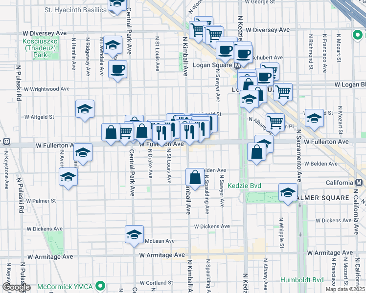 map of restaurants, bars, coffee shops, grocery stores, and more near 3408 West Fullerton Avenue in Chicago