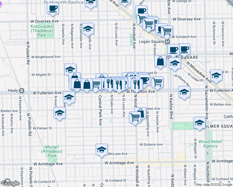 map of restaurants, bars, coffee shops, grocery stores, and more near 3523 West Fullerton Avenue in Chicago