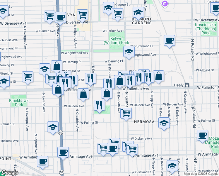 map of restaurants, bars, coffee shops, grocery stores, and more near 4511 West Montana Street in Chicago