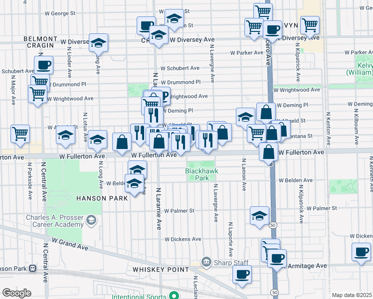 map of restaurants, bars, coffee shops, grocery stores, and more near 5043 West Montana Street in Chicago