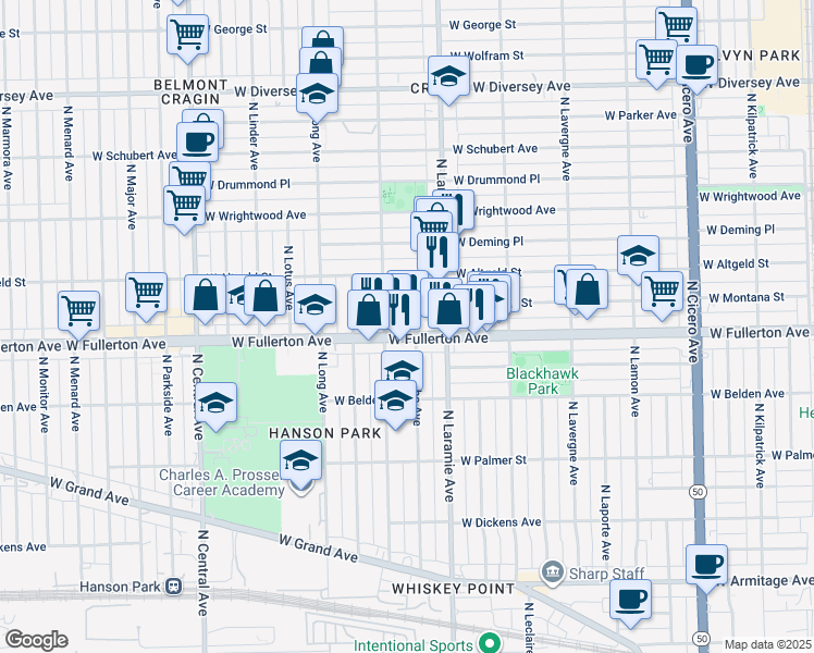 map of restaurants, bars, coffee shops, grocery stores, and more near 5229 West Montana Street in Chicago