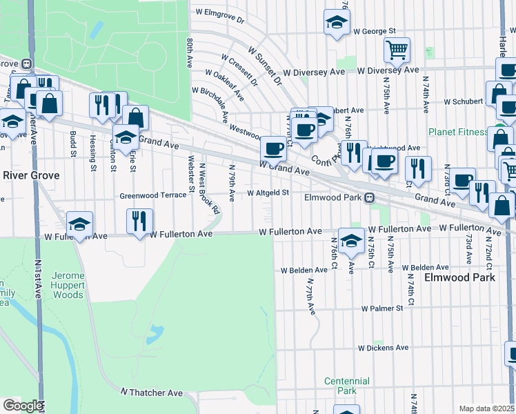 map of restaurants, bars, coffee shops, grocery stores, and more near 2439 North 78th Court in Elmwood Park