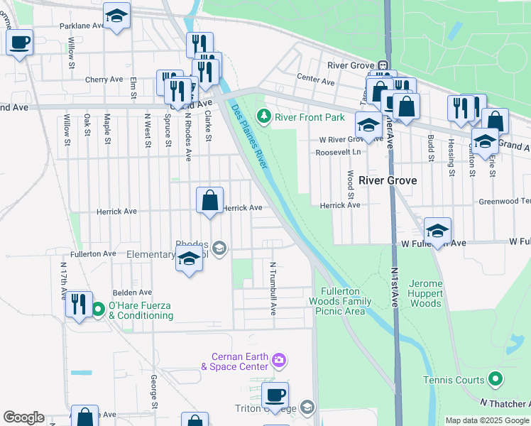 map of restaurants, bars, coffee shops, grocery stores, and more near 2508 North River Road in River Grove
