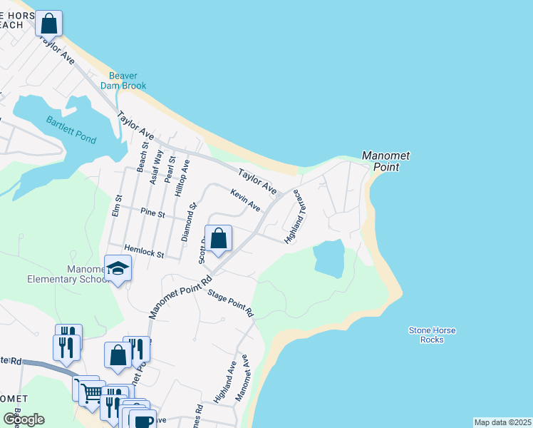 map of restaurants, bars, coffee shops, grocery stores, and more near 171 Manomet Point Road in Plymouth