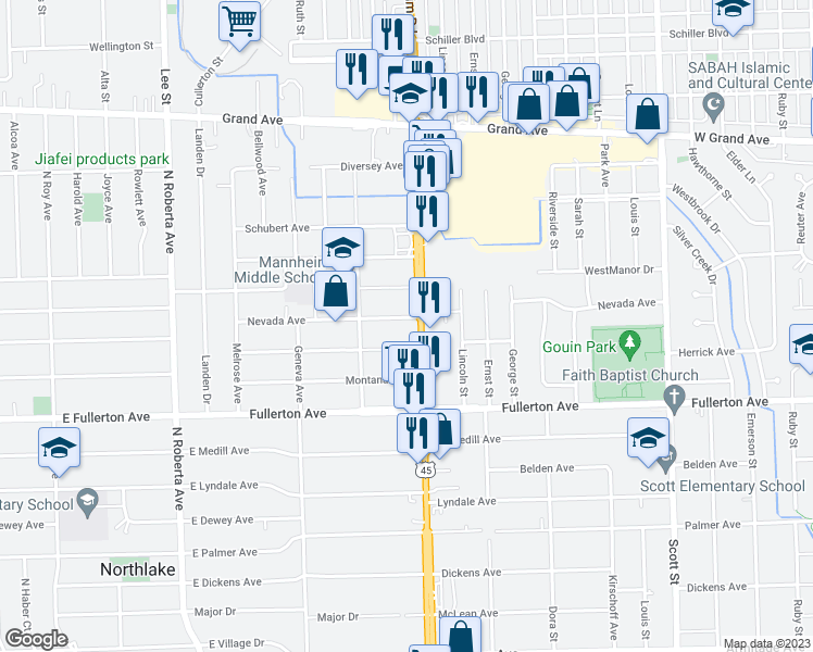map of restaurants, bars, coffee shops, grocery stores, and more near 2516 Mannheim Road in Franklin Park