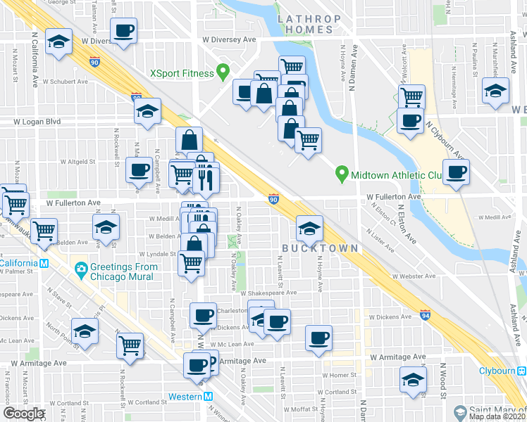 map of restaurants, bars, coffee shops, grocery stores, and more near 2222 West Medill Avenue in Chicago