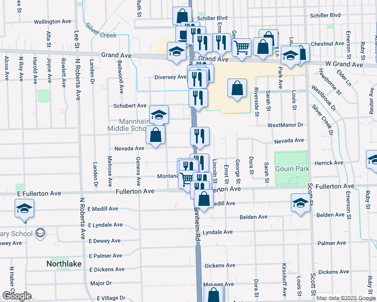 map of restaurants, bars, coffee shops, grocery stores, and more near 2516 Mannheim Road in Franklin Park