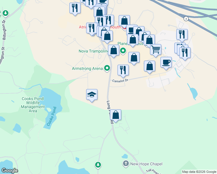 map of restaurants, bars, coffee shops, grocery stores, and more near 117 Long Pond Road in Plymouth