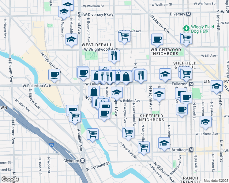 map of restaurants, bars, coffee shops, grocery stores, and more near 1363 West Fullerton Avenue in Chicago