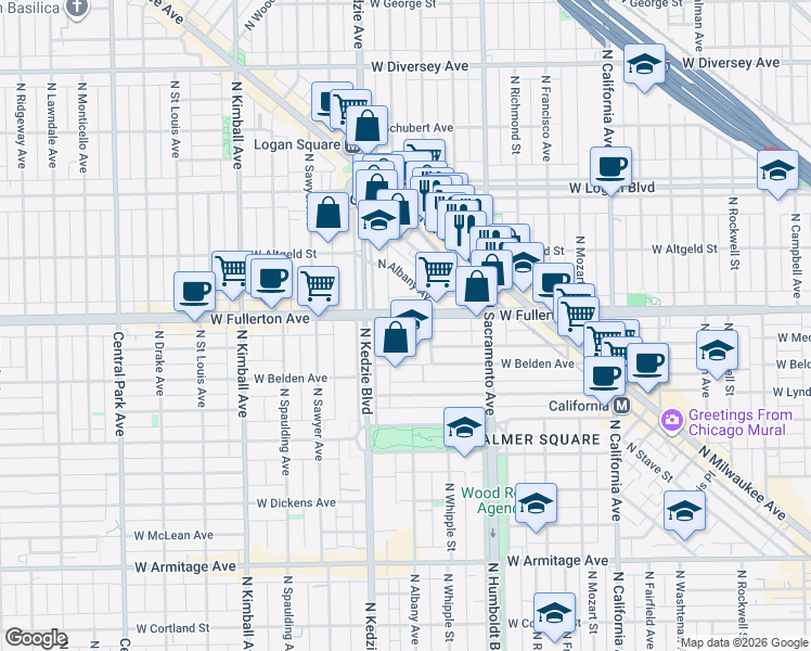 map of restaurants, bars, coffee shops, grocery stores, and more near 3104 West Fullerton Avenue in Chicago