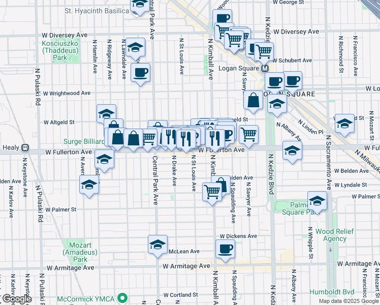 map of restaurants, bars, coffee shops, grocery stores, and more near 3503 West Fullerton Avenue in Chicago