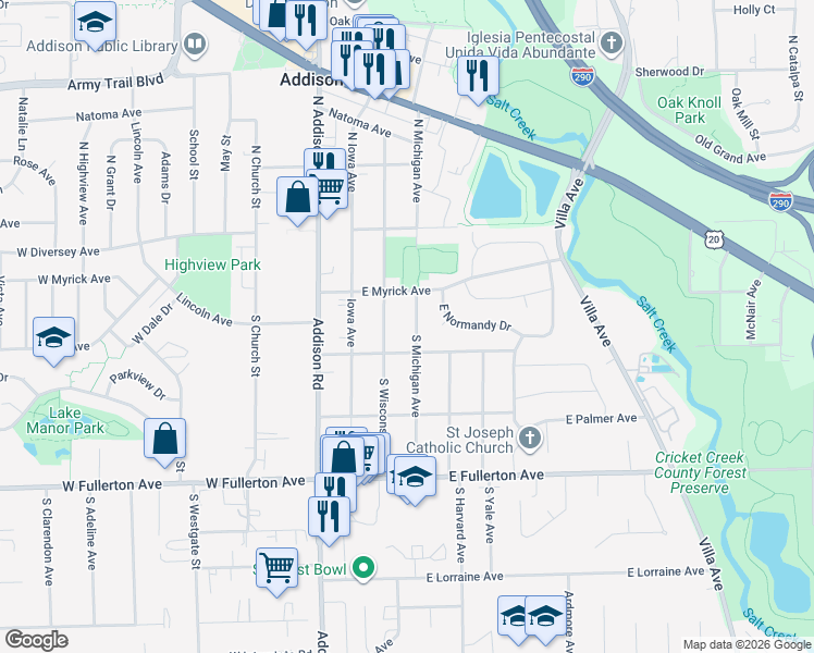 map of restaurants, bars, coffee shops, grocery stores, and more near 113 South Wisconsin Avenue in Addison