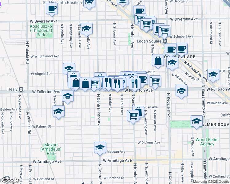map of restaurants, bars, coffee shops, grocery stores, and more near 3521 West Fullerton Avenue in Chicago