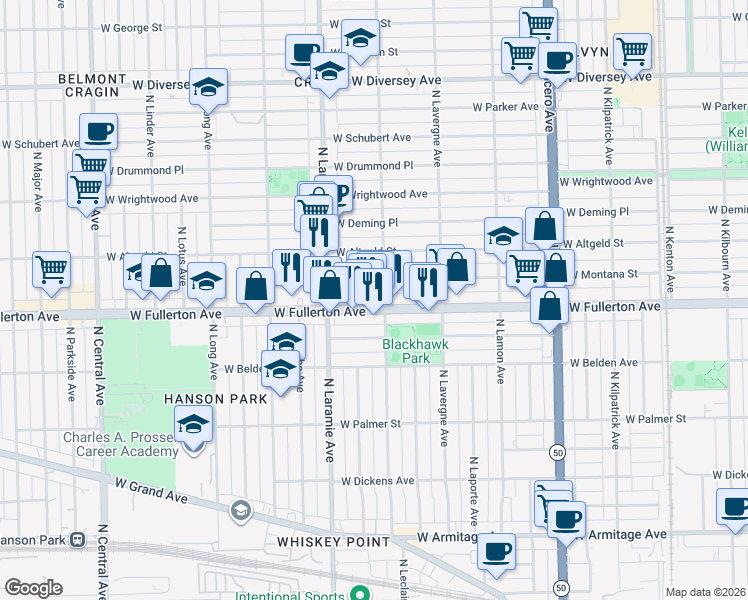 map of restaurants, bars, coffee shops, grocery stores, and more near 5117 West Montana Street in Chicago