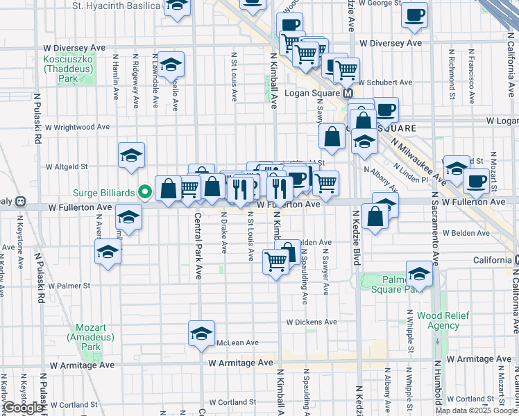 map of restaurants, bars, coffee shops, grocery stores, and more near 3408 West Fullerton Avenue in Chicago