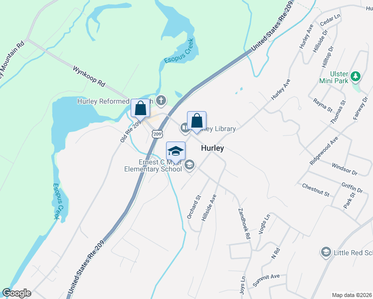 map of restaurants, bars, coffee shops, grocery stores, and more near 108 Schoolhouse Road in Hurley