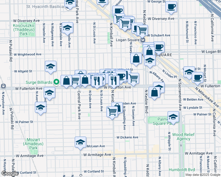 map of restaurants, bars, coffee shops, grocery stores, and more near 3408 West Fullerton Avenue in Chicago