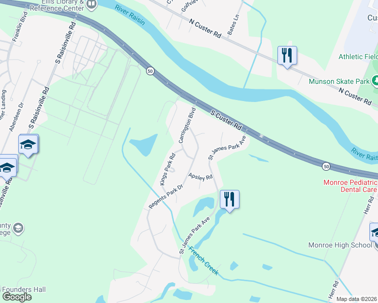map of restaurants, bars, coffee shops, grocery stores, and more near 827 Carrington Boulevard in Monroe