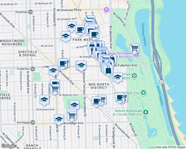 map of restaurants, bars, coffee shops, grocery stores, and more near 2340 North Cleveland Avenue in Chicago
