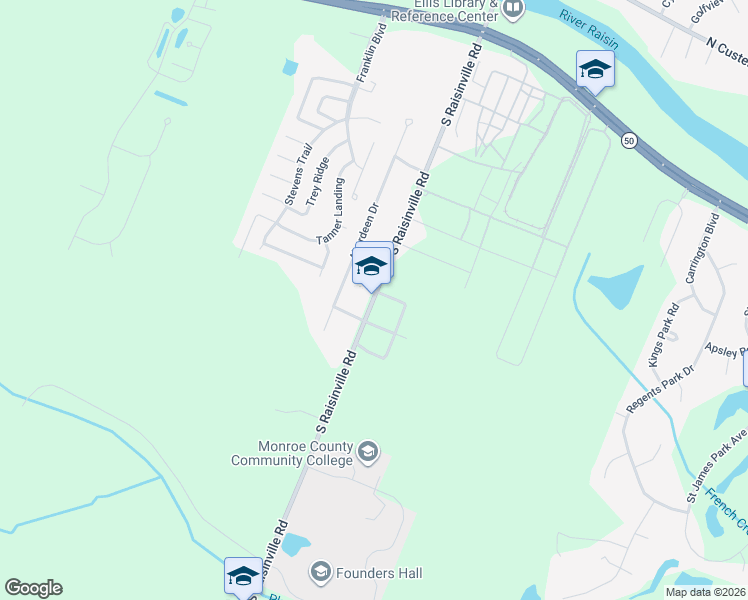 map of restaurants, bars, coffee shops, grocery stores, and more near 1066 South Raisinville Road in Monroe