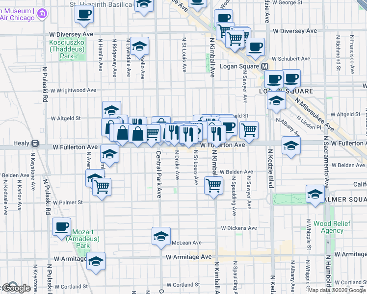 map of restaurants, bars, coffee shops, grocery stores, and more near 3525 West Fullerton Avenue in Chicago