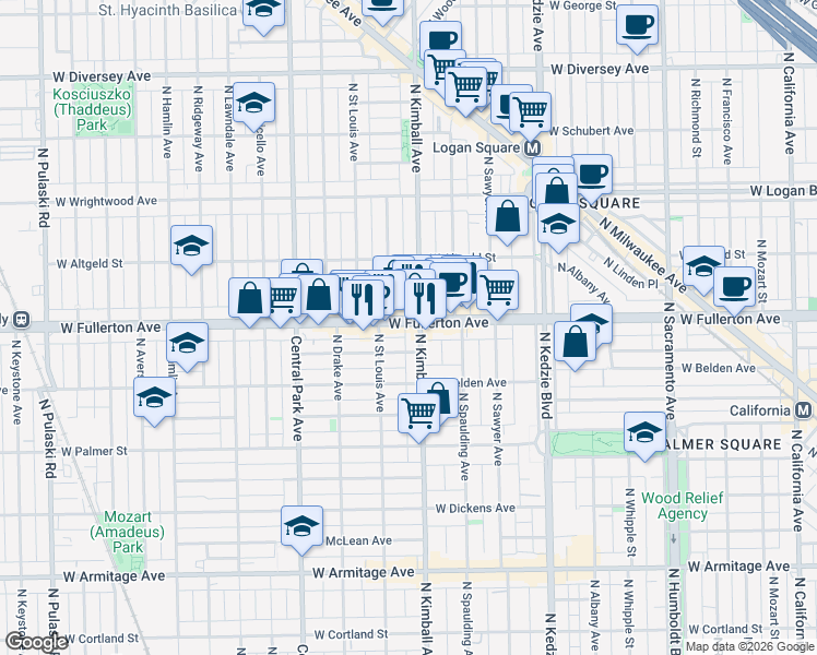 map of restaurants, bars, coffee shops, grocery stores, and more near 3408 West Fullerton Avenue in Chicago