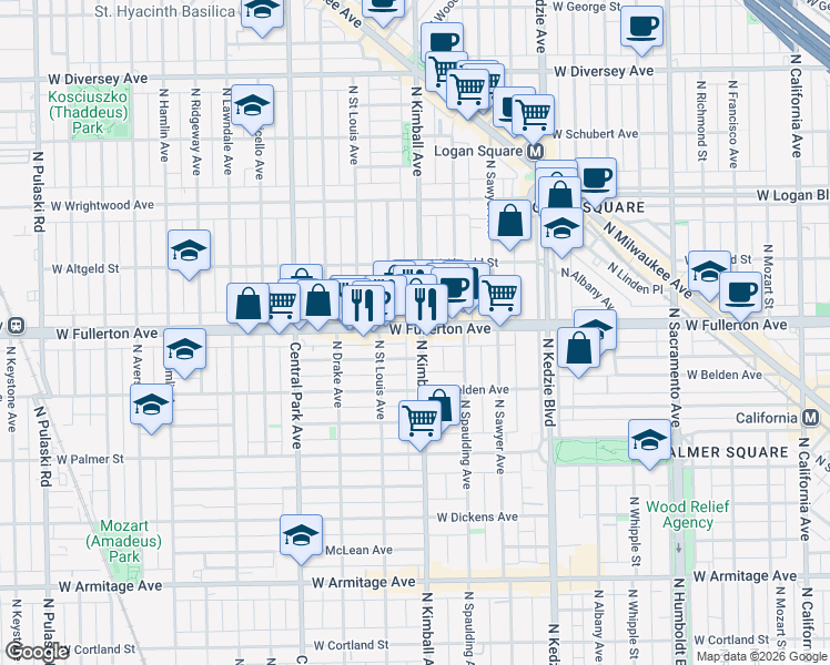 map of restaurants, bars, coffee shops, grocery stores, and more near 3408 West Fullerton Avenue in Chicago