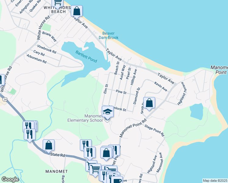 map of restaurants, bars, coffee shops, grocery stores, and more near 46 Beach Street in Plymouth