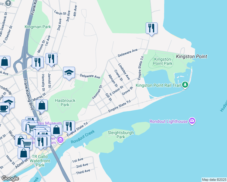 map of restaurants, bars, coffee shops, grocery stores, and more near 36 Ponckhockie Street in Kingston