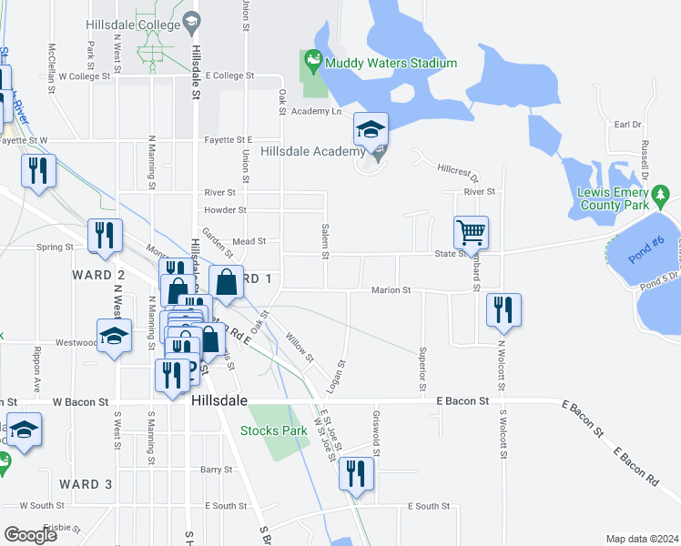 map of restaurants, bars, coffee shops, grocery stores, and more near 28 State Street in Hillsdale