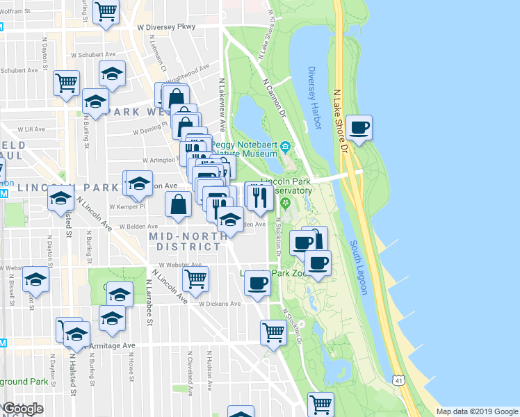 map of restaurants, bars, coffee shops, grocery stores, and more near 2339 North Commonwealth Avenue in Chicago