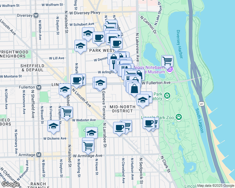 map of restaurants, bars, coffee shops, grocery stores, and more near 513 West Fullerton Parkway in Chicago