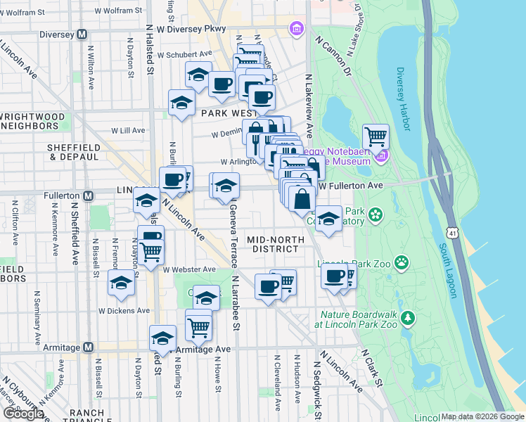 map of restaurants, bars, coffee shops, grocery stores, and more near 2340 North Cleveland Avenue in Chicago