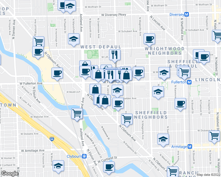 map of restaurants, bars, coffee shops, grocery stores, and more near 1423 West Fullerton Avenue in Chicago