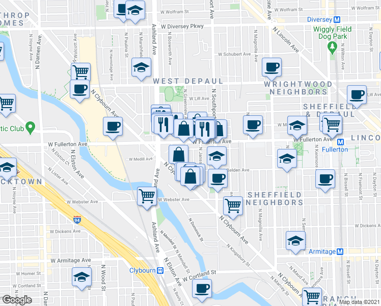 map of restaurants, bars, coffee shops, grocery stores, and more near 1524 West Fullerton Avenue in Chicago