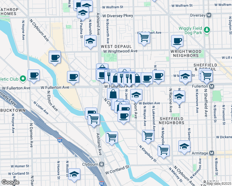 map of restaurants, bars, coffee shops, grocery stores, and more near 1524 West Fullerton Avenue in Chicago