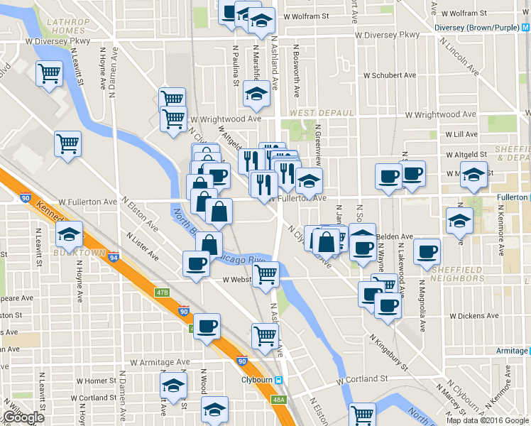 map of restaurants, bars, coffee shops, grocery stores, and more near in Chicago