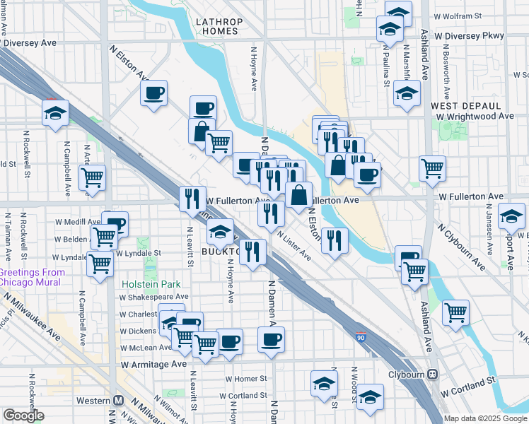 map of restaurants, bars, coffee shops, grocery stores, and more near 2461 North Elston Avenue in Chicago