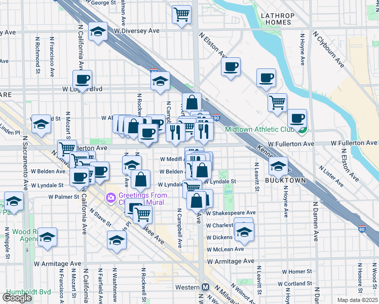 map of restaurants, bars, coffee shops, grocery stores, and more near 2418 West Fullerton Avenue in Chicago