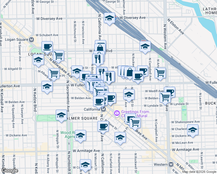 map of restaurants, bars, coffee shops, grocery stores, and more near 2402 North Washtenaw Avenue in Chicago