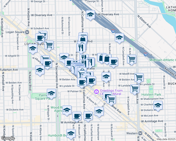 map of restaurants, bars, coffee shops, grocery stores, and more near 2402 North Washtenaw Avenue in Chicago