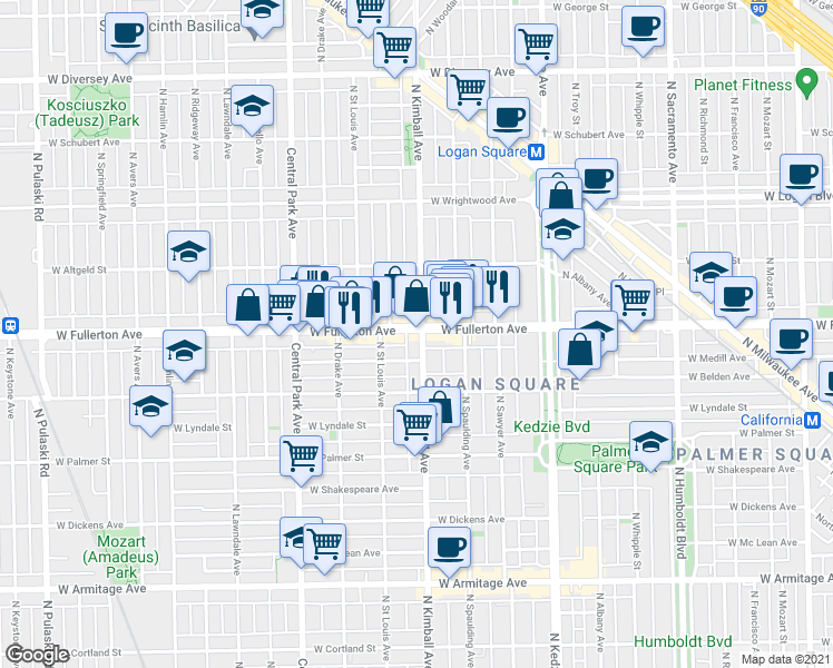 map of restaurants, bars, coffee shops, grocery stores, and more near 3408 West Fullerton Avenue in Chicago