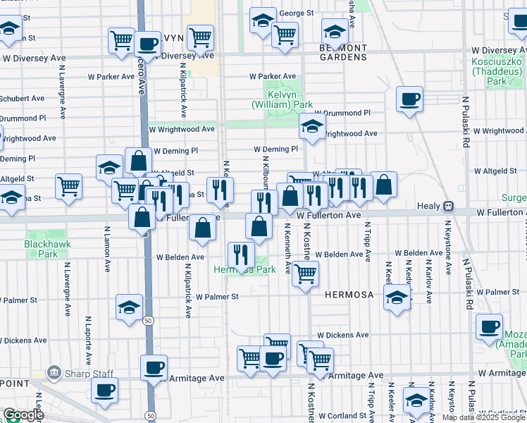map of restaurants, bars, coffee shops, grocery stores, and more near 4511 West Montana Street in Chicago