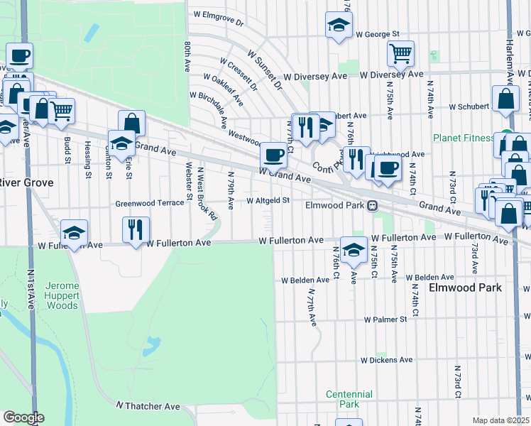 map of restaurants, bars, coffee shops, grocery stores, and more near 2439 North 78th Court in Elmwood Park