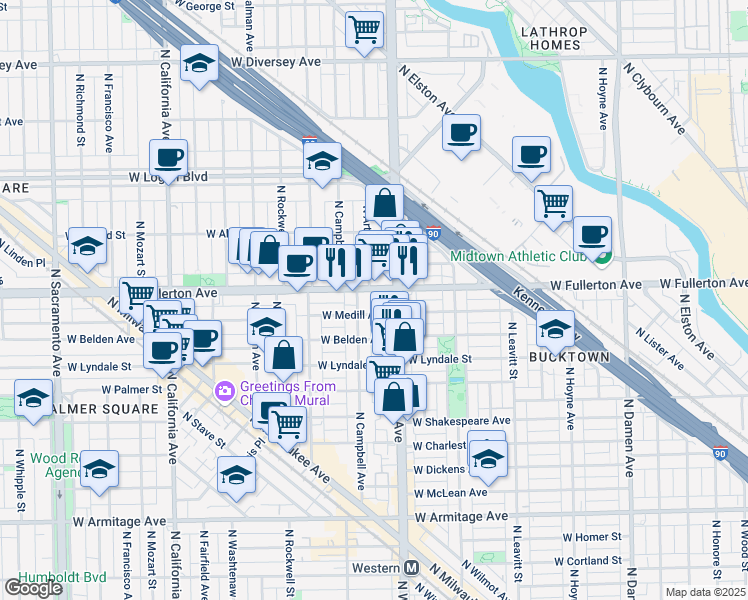 map of restaurants, bars, coffee shops, grocery stores, and more near 2418 West Fullerton Avenue in Chicago