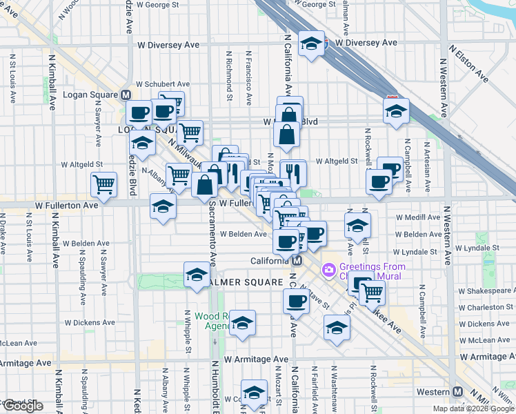 map of restaurants, bars, coffee shops, grocery stores, and more near 2838 West Fullerton Avenue in Chicago
