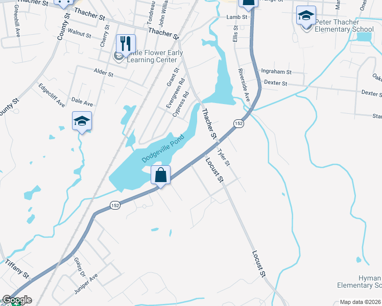 map of restaurants, bars, coffee shops, grocery stores, and more near 381 South Main Street in Attleboro