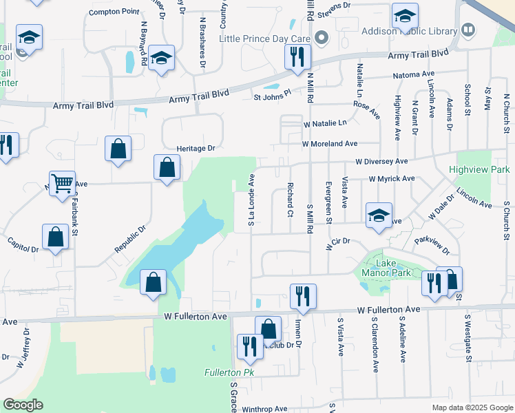 map of restaurants, bars, coffee shops, grocery stores, and more near 111 South La Londe Avenue in Addison