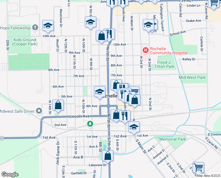 map of restaurants, bars, coffee shops, grocery stores, and more near 621 6th Avenue in Rochelle