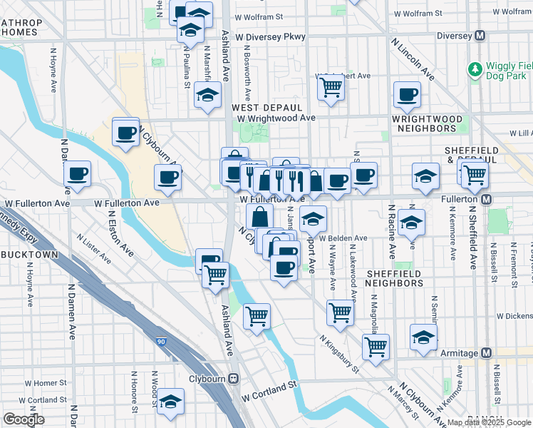 map of restaurants, bars, coffee shops, grocery stores, and more near 1524 West Fullerton Avenue in Chicago